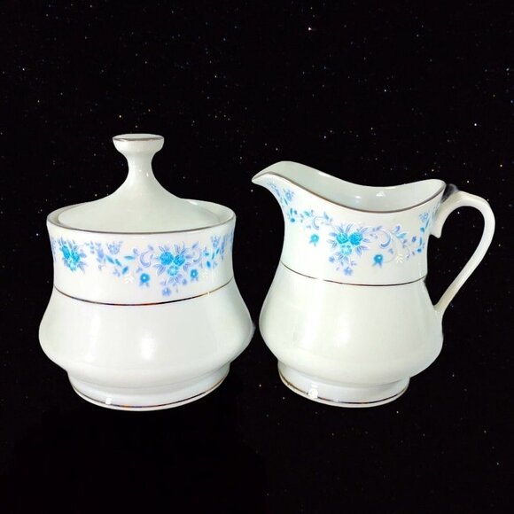 Vintage China Pearl Helen Creamer With Blue Flower Silver Trim Sugar Cream 4”T - Picture 4 of 5